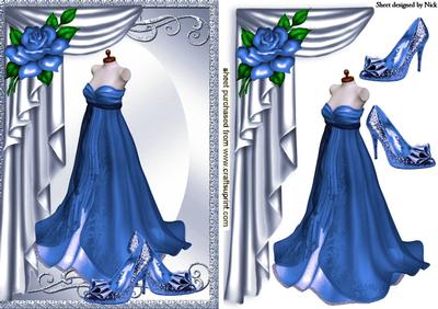 Blue Gown with Silver Drapes and Blue Rose