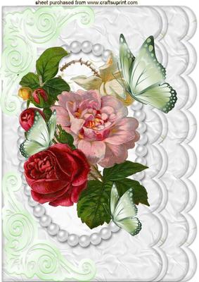Vintage Flowers and Butterflies on White Scalloped Frame A4