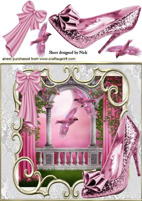 Sparkle Pink Shoe with Pink Birds in Fantasy 8x8