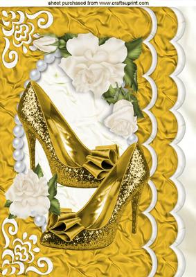 Gold Sparkle Shoes with Cream Roses on Scalloped Frame A4