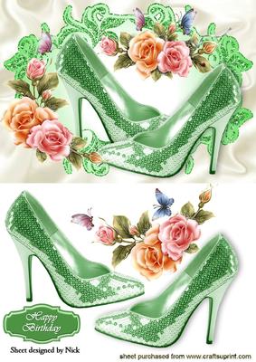 Green Sequin Shoes with Romantica Pink Roses