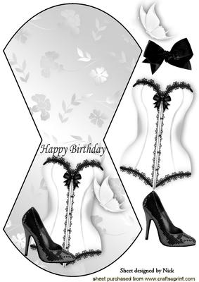 Black/white Lace Basque with Sequin Shoe Wobble Card