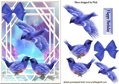 Blue Birds Flying in Fantasy Window Scene