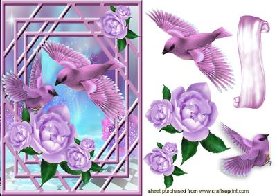 Pretty Pink Birds with Roses in Fantasy Window Scene