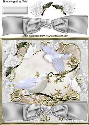 White Exoctic Birds with Bow and White Roses 8x8