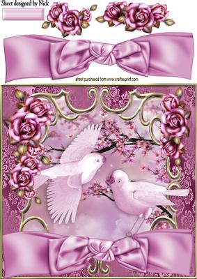 Pink Exoctic Birds with Pink Bow and Roses 8x8