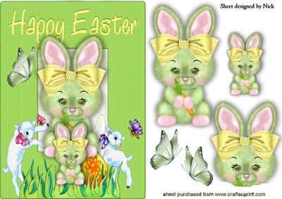 Cute Little Easter Bunny in Green with Baby Bunny