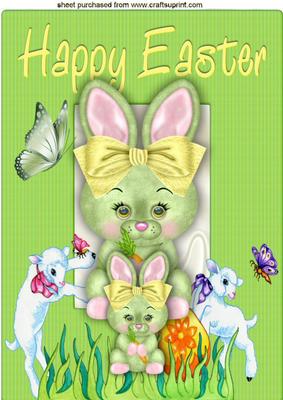 Cute Little Easter Bunny with Baby Bunny in Green A4