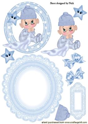 Cute Baby Boy with Stars and Bows Scalloped Rocker Card