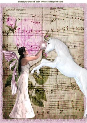 Fantasy Faerie with Unicorn on Rose/music Background A4