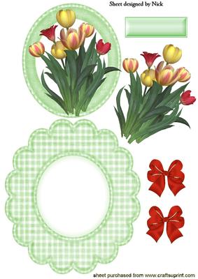 Spring Red/yellow Tulips in Gingham with Bows Rocker Card
