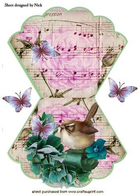 Little Bird on Rose and Music Scroll Scalloped Rocker Card