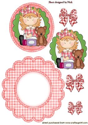 Little Makeup Girl with Her Teddy Scalloped Rocker Card