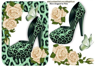 Green Leopard Print Shoe with Cream Roses