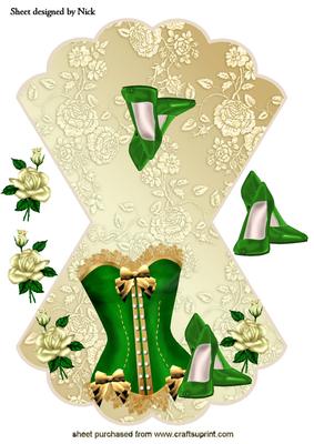 Pretty Green Basque with Shoes and Cream Roses Rocker Card