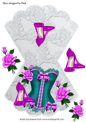 Cerise/turq Basque and Shoes with Cerise Roses Rocker Card