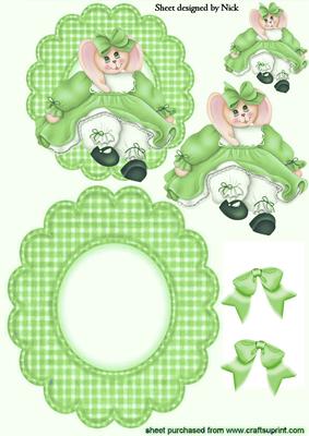 Cute Bunny Girl in Green in Scalloped Rocker Card with Bows
