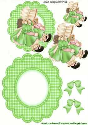 Cute Bonnet Girl in Green in Scalloped Rocker Card