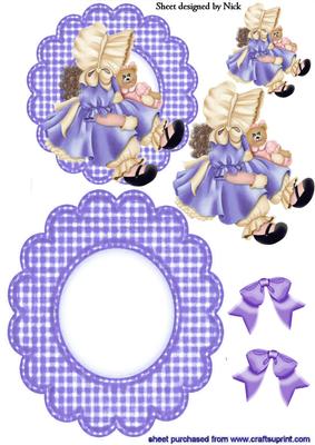 Cute Bonnet Girl in Purple Scalloped Rocker Card with Bows