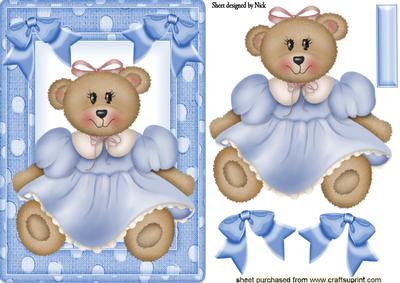 Teddy Girl in Blue, in Blue Spot Frame with Bows
