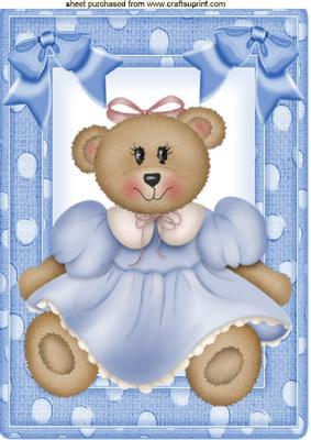 Teddy Girl in Blue Spot Frame with Bows A4