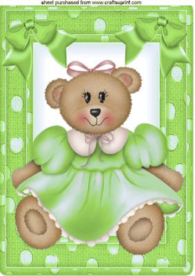 Teddy Girl in Green Spot Frame with Bows A4