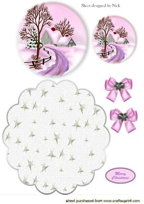 Pretty Pink Snow Scene on Scalloped Rocker with Bows