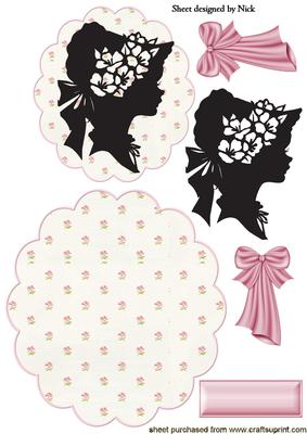 Vintage Sillouette Lady with Bows on Floral Scalloped Rocker