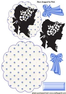 Vintage Sillouette Lady with Blue Flowered Scalloped Rocker