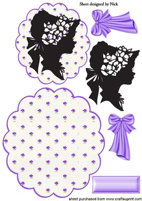 Vintage Sillouette Lady with Purple Flowered Scalloped Rocke