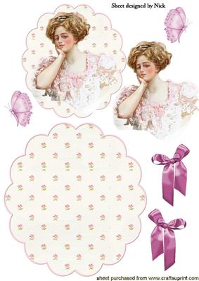 Victorian Lady in Pink Lace with Bows Scalloped Rocker