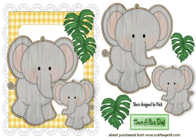 Wooden Elephant with Baby, Leaves in Scalloped Frame
