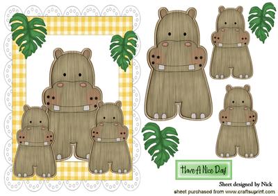 Wooden Hippo with Her Babies in Scalloped Frame