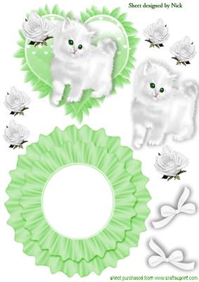 White Fluffy Kitten with Green Eyes White Rose Rocker Card