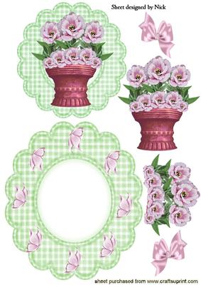 Vase of Pink Roses on Green Gingham with Bows Rocker Card