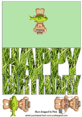 Happy Birthday with Grass Effect and Fishing Cut Out Card