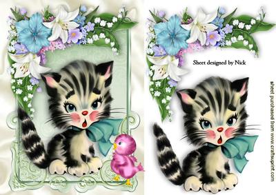 Cute Kitty with Flowers and Little Pink Bird