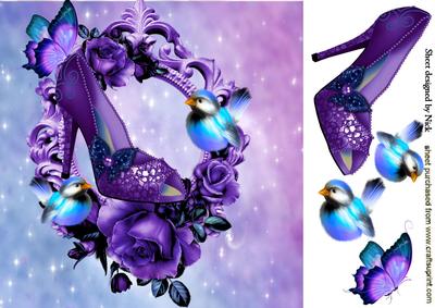 Pretty Sparkle Purple Shoe with Birds 8x8