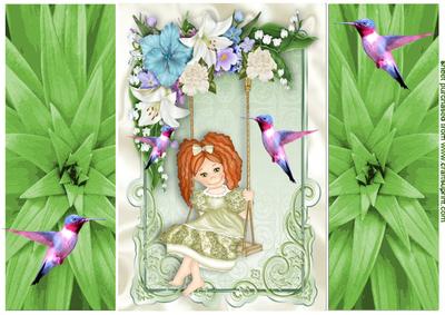 Secret Garden Little Girl on a Swing with Flowers Gatefold