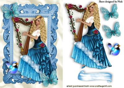 Vintage Lady with Harp and Flowers