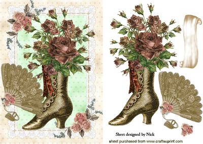 Vintage Boot with Peach Flowers and Fan