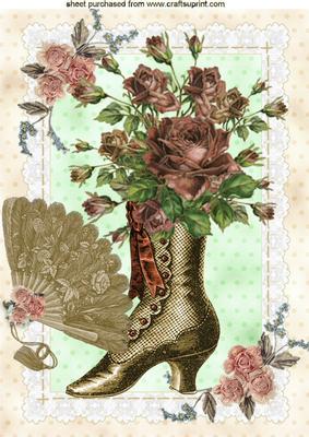 Vintage Boot with Peach Flowers and Fan A4