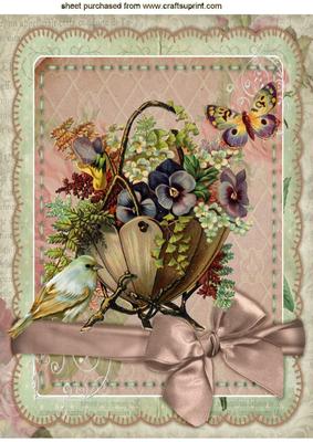 Vintage Basket of Flowers, with Little Bird and Bow A4