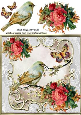 Pretty Bird with Roses and Butterflies 8x8