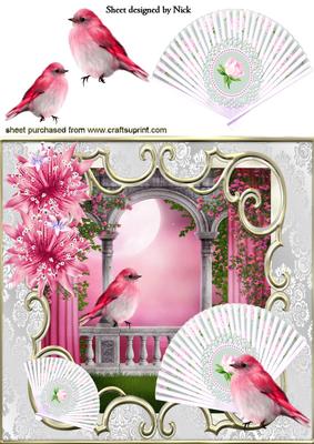Pretty Pink Birds with Fans and Flowers 8x8