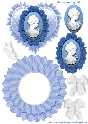 Lady Cameo in Blue with White Bows Frilled Rocker Card
