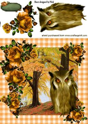 Autumn with Gold Roses and Owl 8x8