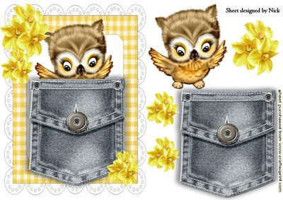 Cute Little Denim Pocket Owl with Yellow Daffs