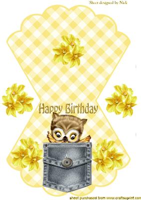Cute Owl in Denim Pocket with Daffs Rocker/wobble Card