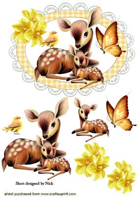 Little Baby Deer with Mum with Daffs and Butterfly